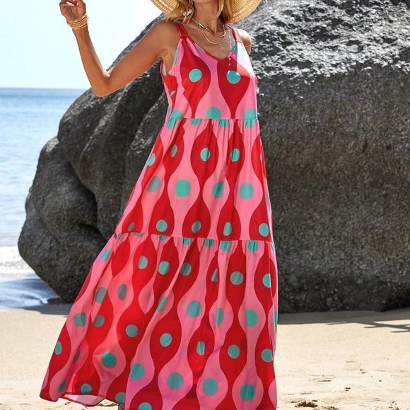 Hot Pink Boho Womens Allover Print Ruffle Hem Cami Dress - Picture 4 of 5